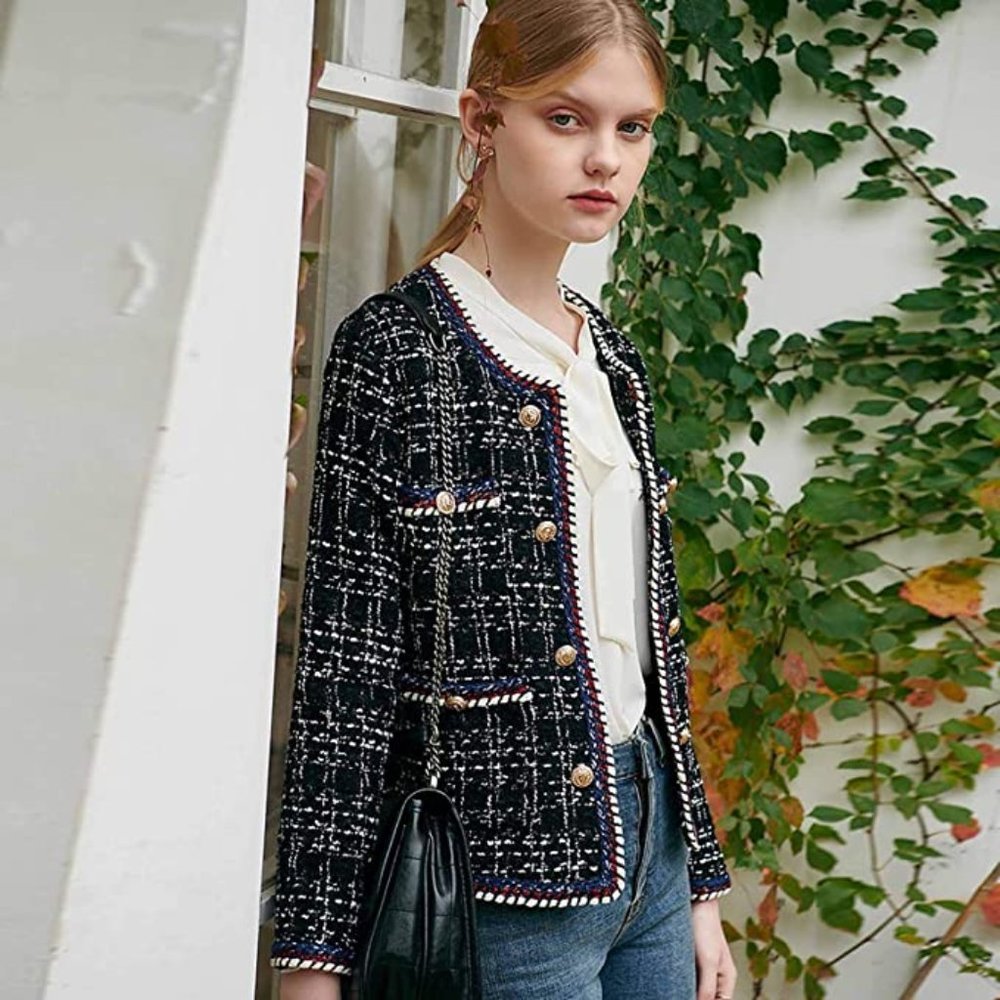 Jacket Tweed Inlaid Plaid Check Long Sleeved Coat Blazer